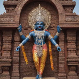 An image of Lord Vitthal (Vithoba), a deity prominent in Hindu tradition, prominently displayed against a backdrop of a traditional Hindu temple, with ornate detailing and embellishments.