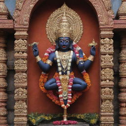 An image of Lord Vitthal (Vithoba), a deity prominent in Hindu tradition, prominently displayed against a backdrop of a traditional Hindu temple, with ornate detailing and embellishments.