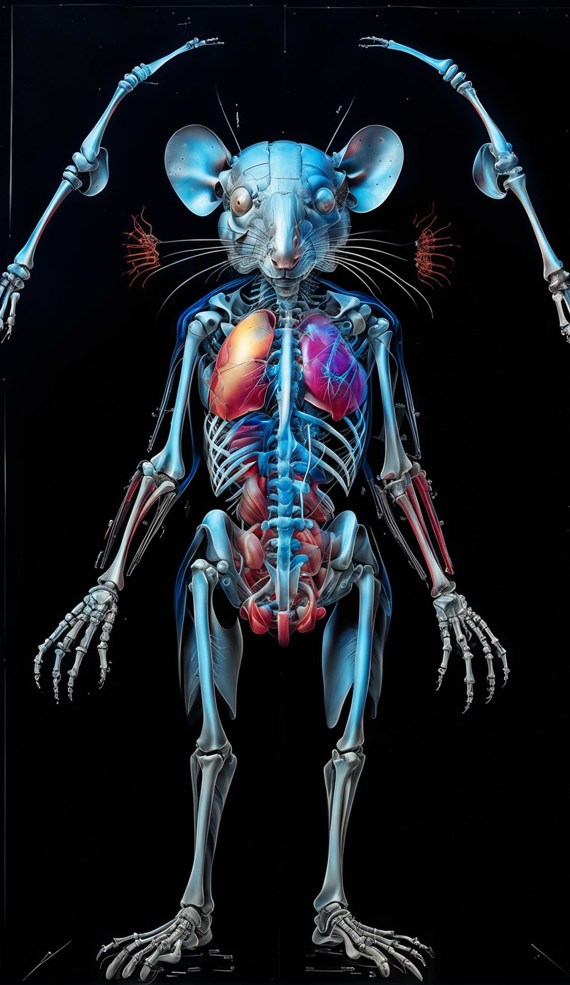 A full body 4D X-ray image of a rat's skeleton and internals in black, white, red and gray, set against a backdrop of colorful biomorphic forms in an imaginative spacescape.