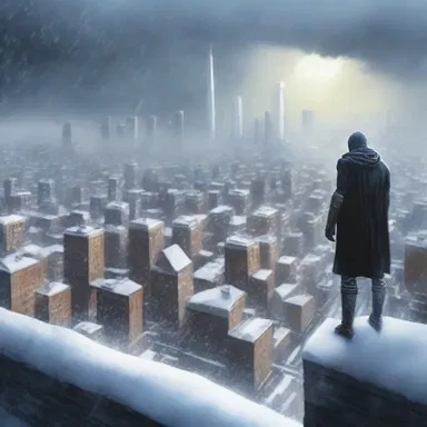As the hero zoomed through the sky, the snow-clad city glistened below.