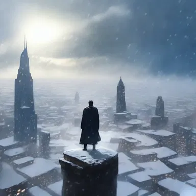 As the hero zoomed through the sky, the snow-clad city glistened below.