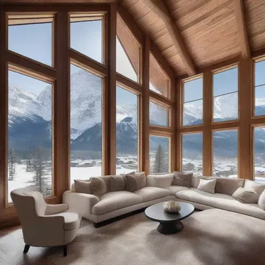 The elegant chalet featured large windows, offering breathtaking views of the snow-clad mountains.