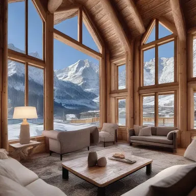 The elegant chalet featured large windows, offering breathtaking views of the snow-clad mountains.