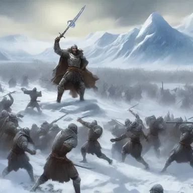 The epic battle took place in a snow-clad kingdom, where warriors fought bravely on the icy battlefield.