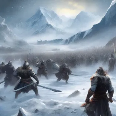 The epic battle took place in a snow-clad kingdom, where warriors fought bravely on the icy battlefield.