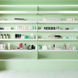 Contemporary cosmetic boutique with a palette of soft mint greens, streamlined shelving, and an array of beauty products.