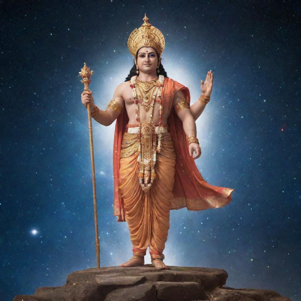 A magnificent universe setting where Shree Ram, the Hindu god, is represented as a radiant celestial figure amidst stars and galaxies.