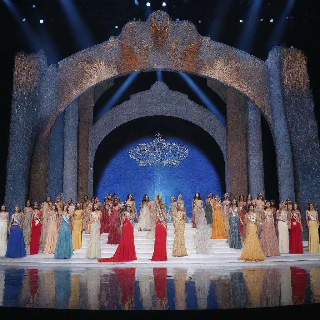 Modern stage design for a Miss Universe pageant, with 25 contestants elegantly standing on stage, each adorned with their respective country's sash