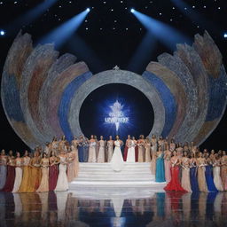 Modern stage design for a Miss Universe pageant, with 25 contestants elegantly standing on stage, each adorned with their respective country's sash