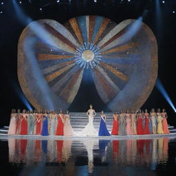 Modern stage design for a Miss Universe pageant, with 25 contestants elegantly standing on stage, each adorned with their respective country's sash