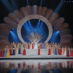 Modern stage design for a Miss Universe pageant, with 25 contestants elegantly standing on stage, each adorned with their respective country's sash