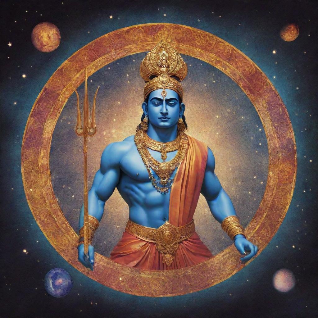 Lord Ram with elements of the universe, reimagined in a modern aesthetic