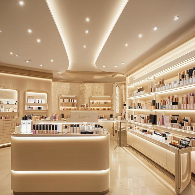 Minimalist, beautiful cosmetic store interior with sleek design, neutral colors, and elegantly displayed beauty products.