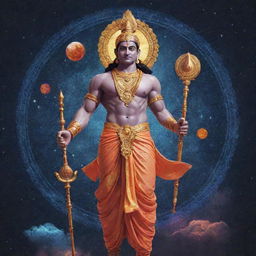 Lord Ram with elements of the universe, reimagined in a modern aesthetic