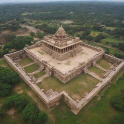 An aerial view of the ancient kingdom of Kishkinda, Hampi with striking architecture and lush greenery.