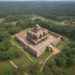 An aerial view of the ancient kingdom of Kishkinda, Hampi with striking architecture and lush greenery.