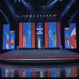 A modern Miss Universe stage with bright lights, shimmering curtains, a grand staircase, and a colorful LED screen showing various international flags as a background.