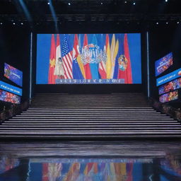 A modern Miss Universe stage with bright lights, shimmering curtains, a grand staircase, and a colorful LED screen showing various international flags as a background.