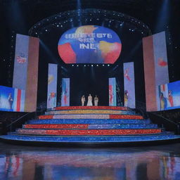 A modern Miss Universe stage with bright lights, shimmering curtains, a grand staircase, and a colorful LED screen showing various international flags as a background.