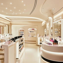 Minimalist, beautiful cosmetic store interior with sleek design, neutral colors, and elegantly displayed beauty products.