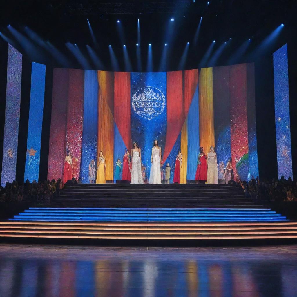 A modern Miss Universe stage with bright lights, shimmering curtains, a grand staircase, and a colorful LED screen showing various international flags as a background.