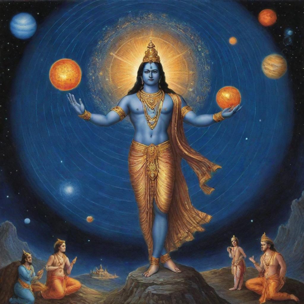 Lord Vishnu creating a solar system, meticulously placing planets, stars, and galaxies amidst a backdrop of deep cosmic blues and radiant celestial bodies.