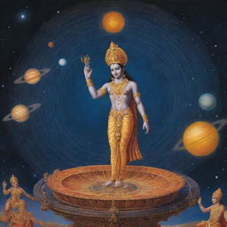 Lord Vishnu creating a solar system, meticulously placing planets, stars, and galaxies amidst a backdrop of deep cosmic blues and radiant celestial bodies.