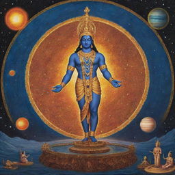 Lord Vishnu creating a solar system, meticulously placing planets, stars, and galaxies amidst a backdrop of deep cosmic blues and radiant celestial bodies.