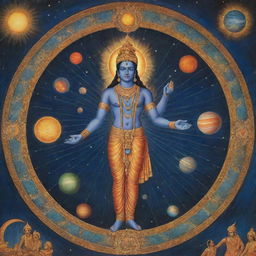 Lord Vishnu creating a solar system, meticulously placing planets, stars, and galaxies amidst a backdrop of deep cosmic blues and radiant celestial bodies.