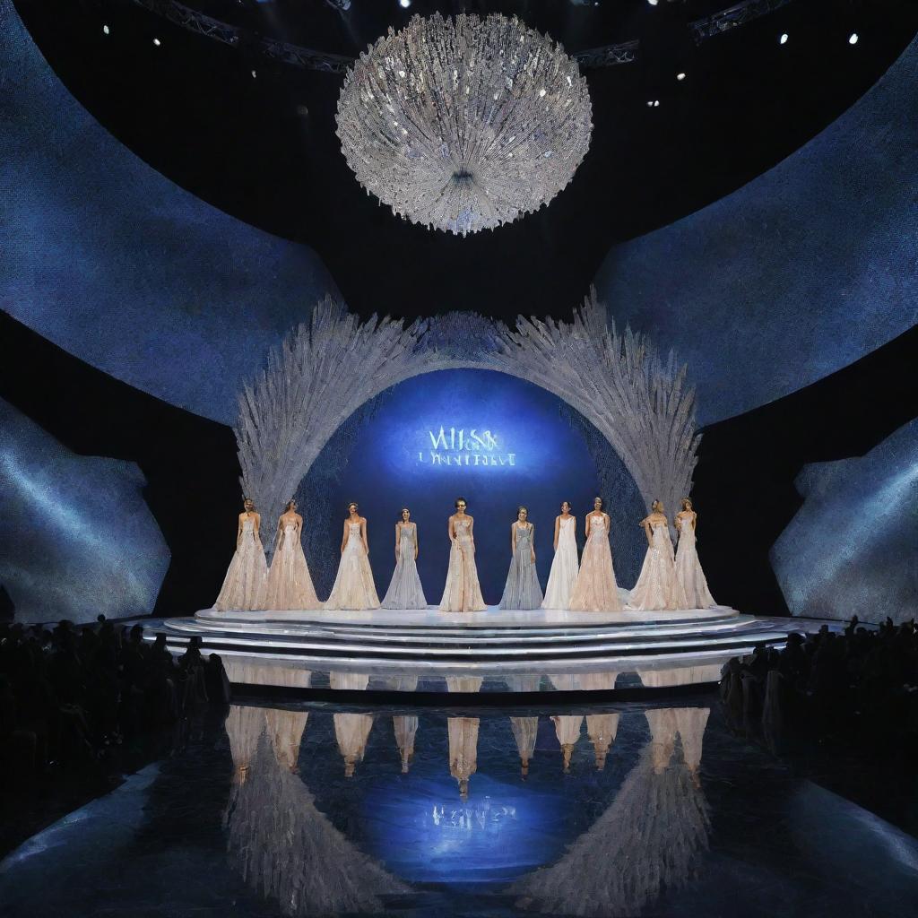 A modern stage design for the Miss Universe pageant, hosting contestants positioned on stage wearing identical elegant gowns.