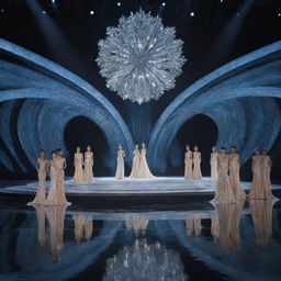 A modern stage design for the Miss Universe pageant, hosting contestants positioned on stage wearing identical elegant gowns.