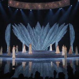 A modern stage design for the Miss Universe pageant, hosting contestants positioned on stage wearing identical elegant gowns.