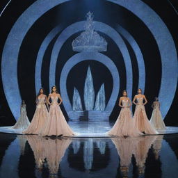 A modern stage design for the Miss Universe pageant, hosting contestants positioned on stage wearing identical elegant gowns.