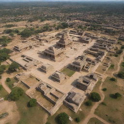 Arial view of the ancient Kishkinda kingdom in Hampi, featuring rustic village homes, impressive temples, and surrounding landscape.