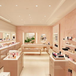 Minimalist, beautiful cosmetic store interior with sleek design, neutral colors, and elegantly displayed beauty products.