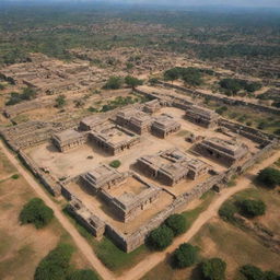 Arial view of the ancient Kishkinda kingdom in Hampi, featuring rustic village homes, impressive temples, and surrounding landscape.