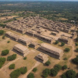 Arial view of the ancient Kishkinda kingdom in Hampi, featuring rustic village homes, impressive temples, and surrounding landscape.