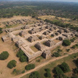 Arial view of the ancient Kishkinda kingdom in Hampi, featuring rustic village homes, impressive temples, and surrounding landscape.