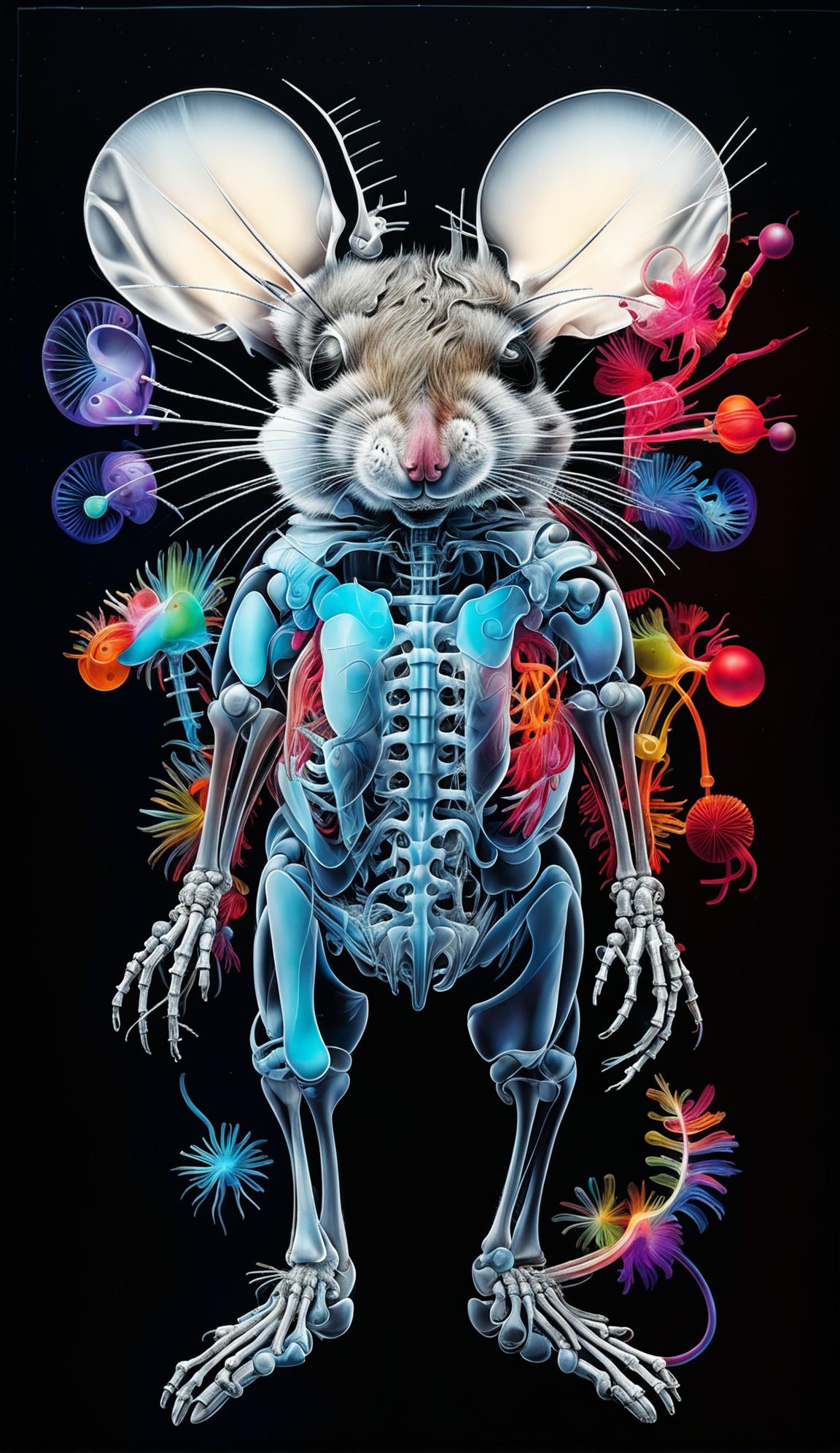 A full body 4D X-ray image of an anatomically correct mouse's skeleton and internals in black, white, red and gray, set against a backdrop of colorful biomorphic forms in an imaginative spacescape.
