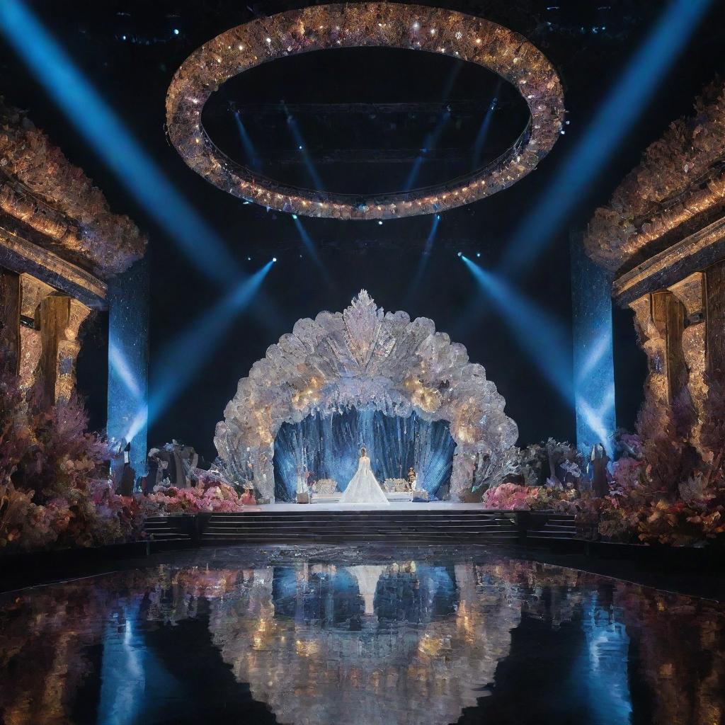 An extravagant, brightly lit Miss Universe Stage, adorned with luxurious decorations, dazzling lights, and a vast, shimmering runway.