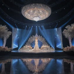 An extravagant, brightly lit Miss Universe Stage, adorned with luxurious decorations, dazzling lights, and a vast, shimmering runway.