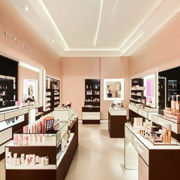 Minimalist, beautiful cosmetic store interior with sleek design, neutral colors, and elegantly displayed beauty products.