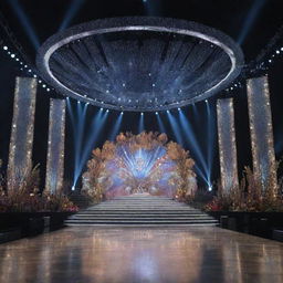 An extravagant, brightly lit Miss Universe Stage, adorned with luxurious decorations, dazzling lights, and a vast, shimmering runway.