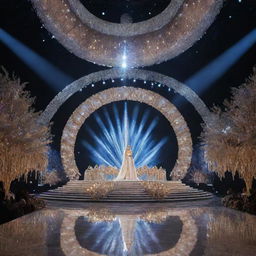 An extravagant, brightly lit Miss Universe Stage, adorned with luxurious decorations, dazzling lights, and a vast, shimmering runway.