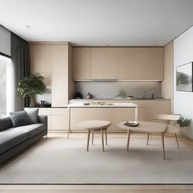 The living room and kitchen were designed with a modern and minimalist style, respectively.