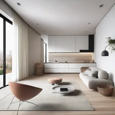 The living room and kitchen were designed with a modern and minimalist style, respectively.