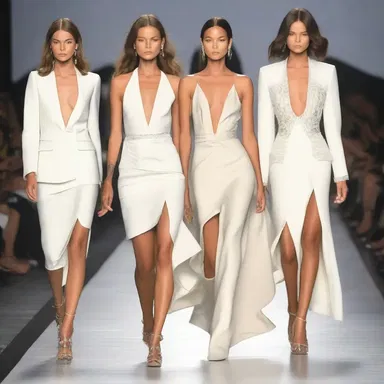 The models walked down the runway wearing elegant dresses and stylish suits, respectively.