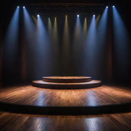 A grand, beautifully designed stage with multicolored spotlights, intricate backdrop, and a large, polished wooden floor under a cascade of light.