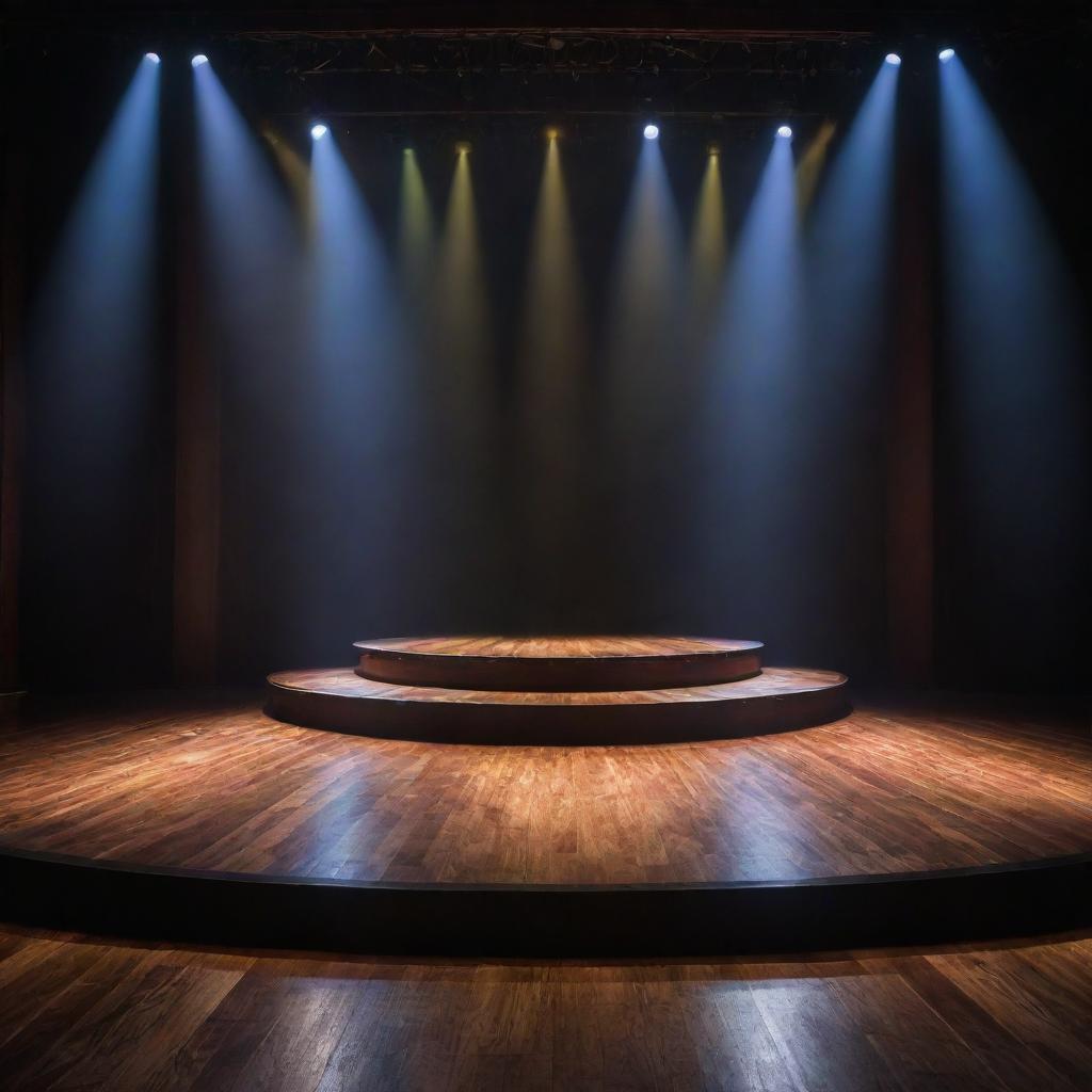 A grand, beautifully designed stage with multicolored spotlights, intricate backdrop, and a large, polished wooden floor under a cascade of light.