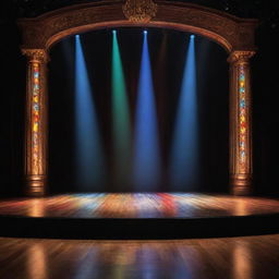 A grand, beautifully designed stage with multicolored spotlights, intricate backdrop, and a large, polished wooden floor under a cascade of light.